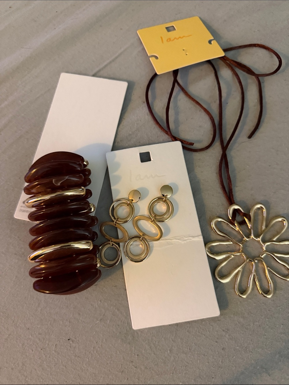 I Am Gold Flower Pendant Necklace & Brown Stretch Bracelet Set